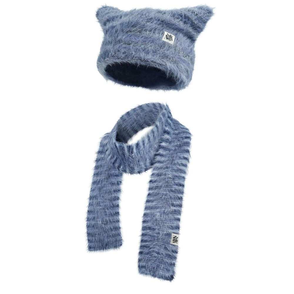 2919 Cat Beanie Hat Scarf Set Grunge Accessories Cuffed Cute Knit Hat